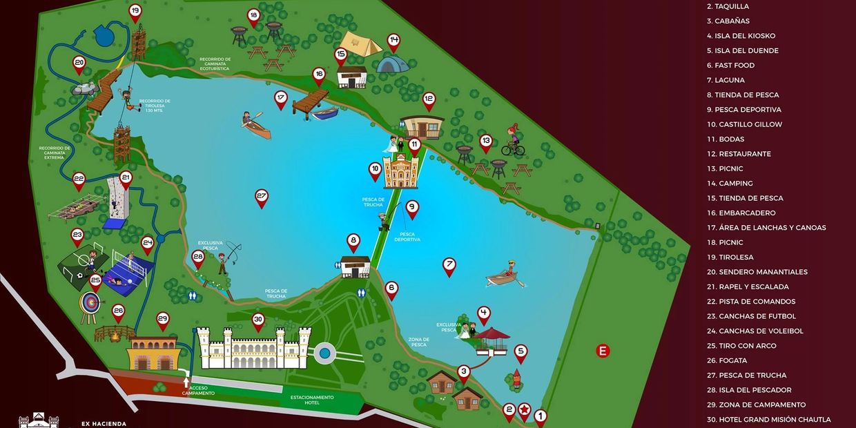 Mapa ilustrado de un parque recreativo con múltiples actividades y servicios.