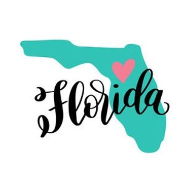 Florida state silhouette with heart and stylish text.