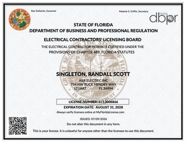 Florida electrical contractor license for Randall Scott Singleton.