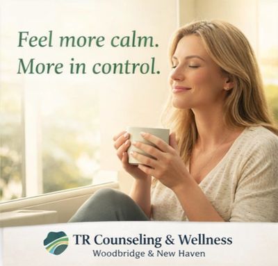 Woman enjoying calm, holding a cup with text promoting counseling and wellness.