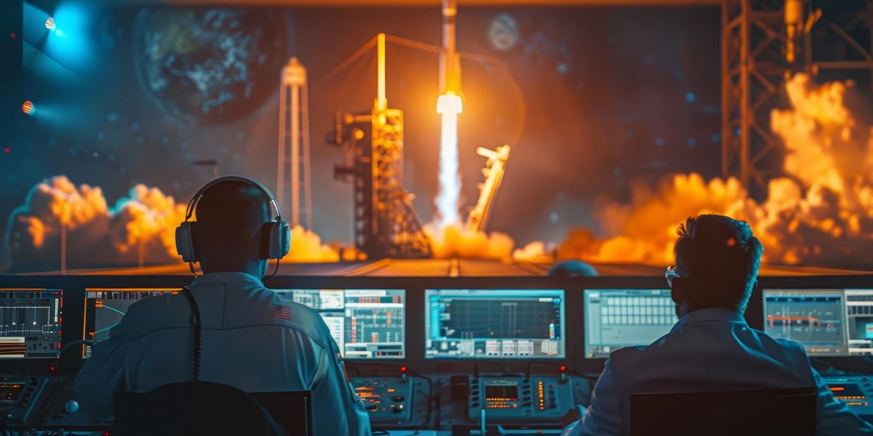 Two men in a control room watching a successful rocket launch - a metaphor for KickMotor services