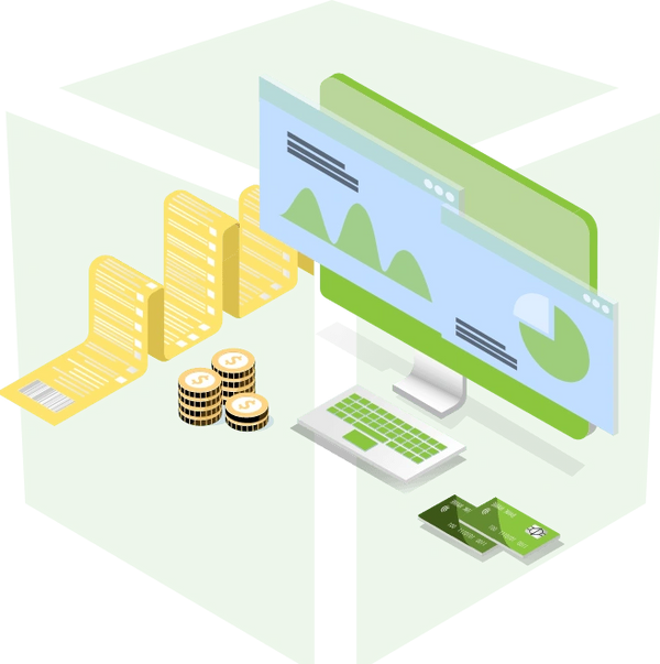 Illustration of a computer with financial statistics
