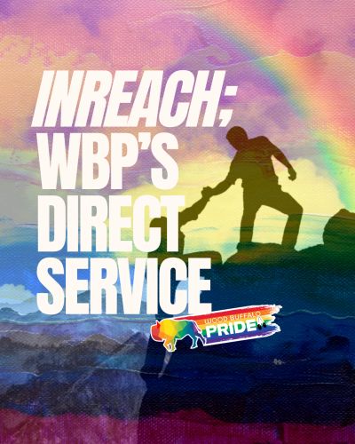 Silhouetted person helping another climb with a rainbow and pride-themed text overlay.