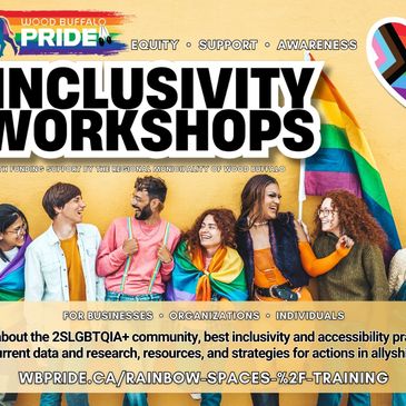 Group celebrating inclusivity with rainbow flags at Wood Buffalo Pride workshop.