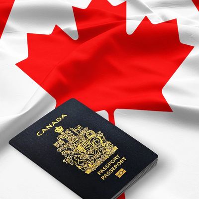 Canadian passport on a Canadian flag background.