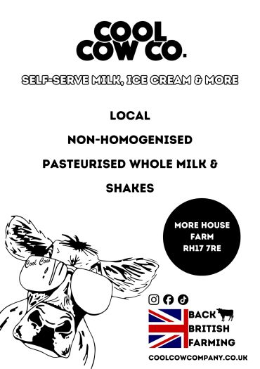 Advertisement for Cool Cow Co. promoting local, non-homogenised, pasteurised milk and shakes.