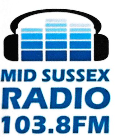 Logo for Mid Sussex Radio 103.8 FM with headphones and sound bars.