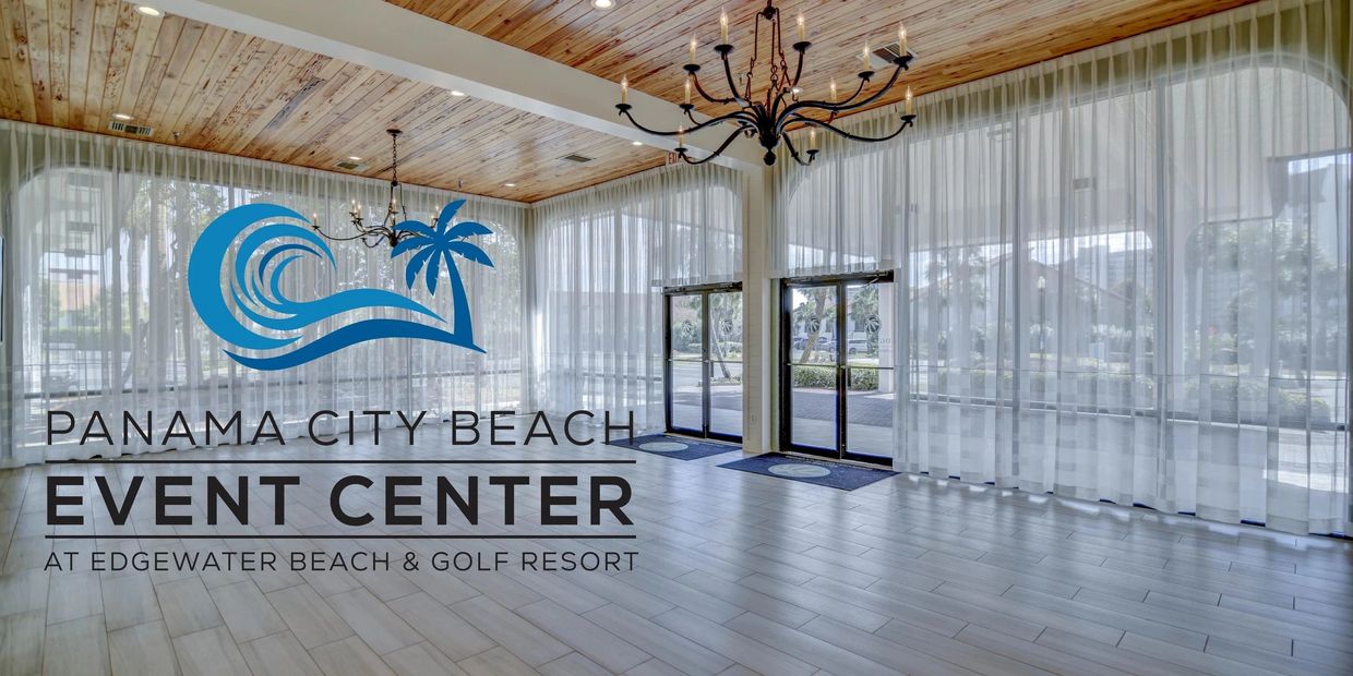 Spacious Panama City Beach Event Center with elegant chandeliers and large windows.