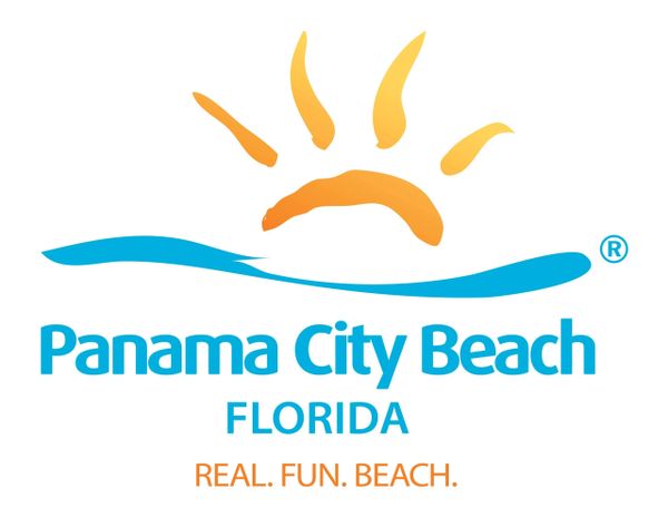 Logo for Panama City Beach, Florida, featuring sun and wave design.