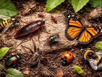 Various insects including a butterfly, cockroach, and ladybug on soil with green leaves.