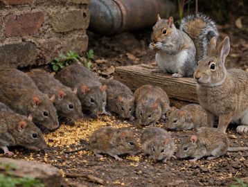 A group of rats, a squirrel, and a rabbit eating together outdoors.
