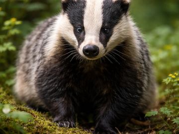 Close-up of a European badger in a forest setting.
