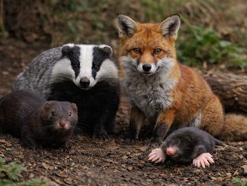 A group of woodland animals including a fox, badger, otter, and mole.