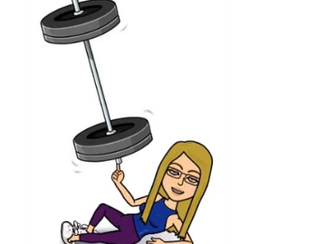 Cartoon woman balancing a heavy barbell on her finger while lying down.