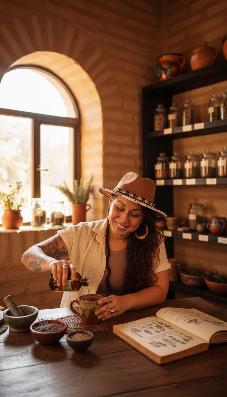 Jess Rene pouring a medicinal elixir in their herbal apothecary