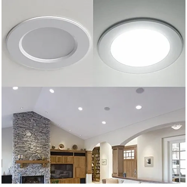 Recessed ceiling lights with on/off comparison and a living room view.