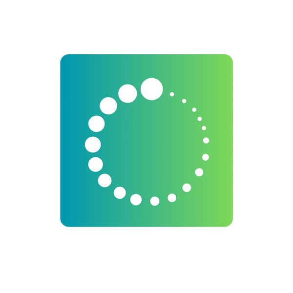 Circular loading icon with white dots on a blue-green gradient background.