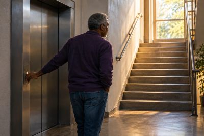 Man holding elevator door open near stairs.
