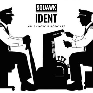 Silhouettes of two pilots operating flight controls in a podcast logo.