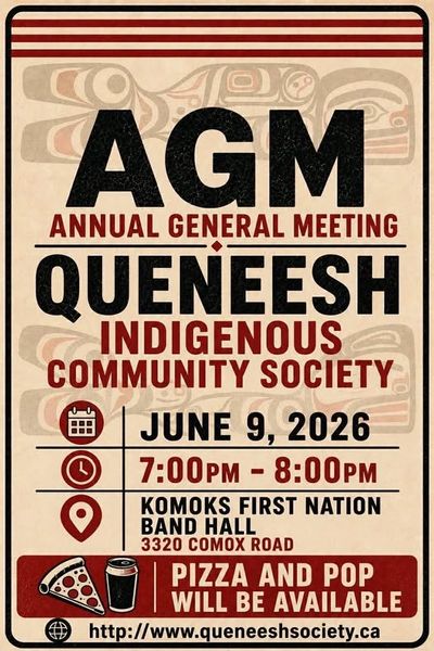 Announcement for Queneesh Indigenous Community Society AGM on June 9, 2026, with pizza and pop.