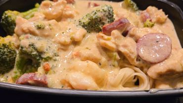 Creamy pasta with broccoli, sausage, and chicken in a rich sauce.