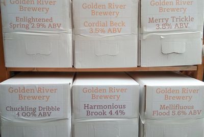 Stack of boxes showing range of beers and their approximate colour