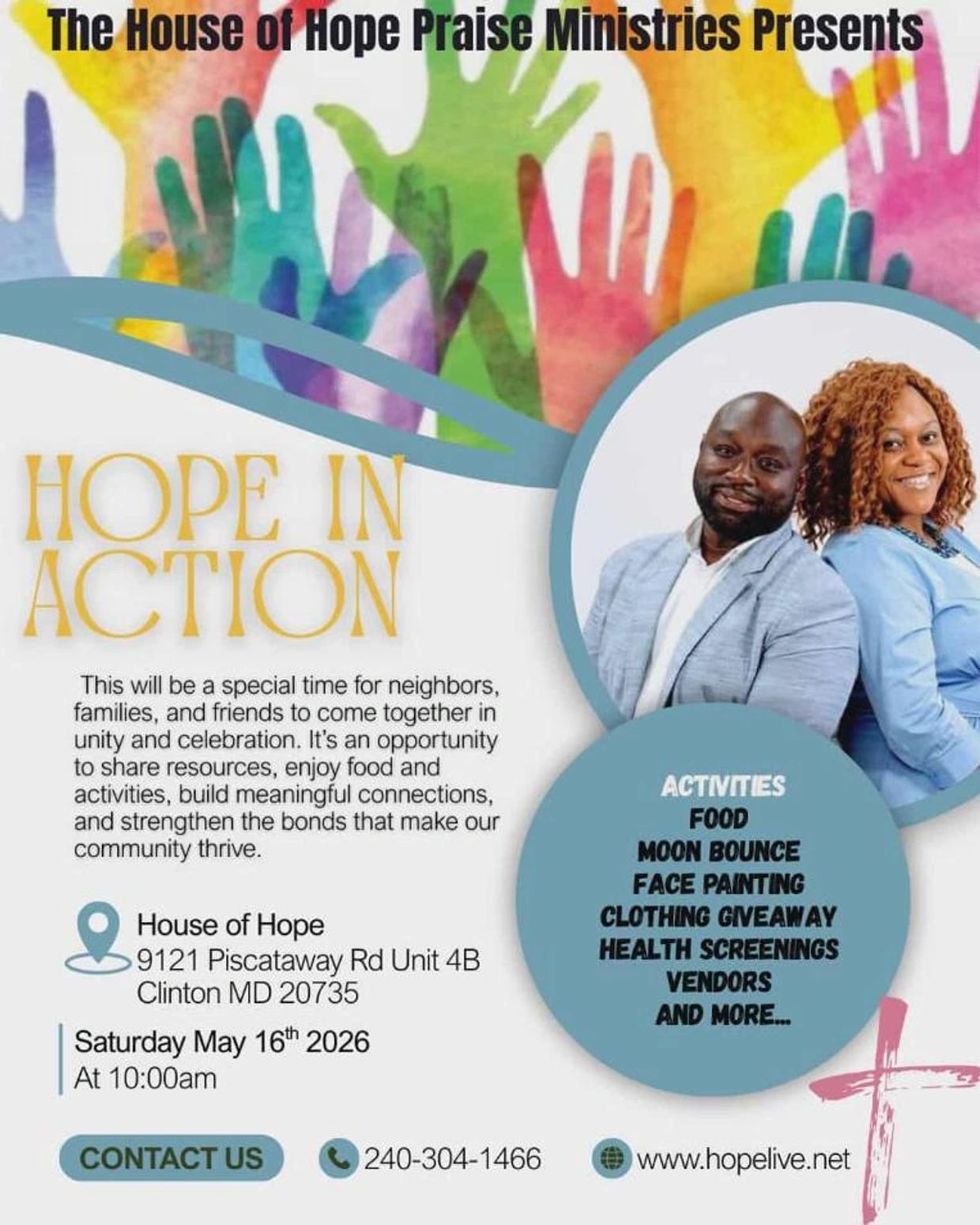 Community event 'Hope In Action' by House of Hope with food, activities, and more on May 16, 2026.