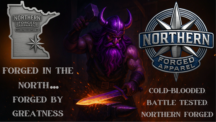 A Viking blacksmith forges a glowing sword, symbolizing strength and northern craftsmanship.