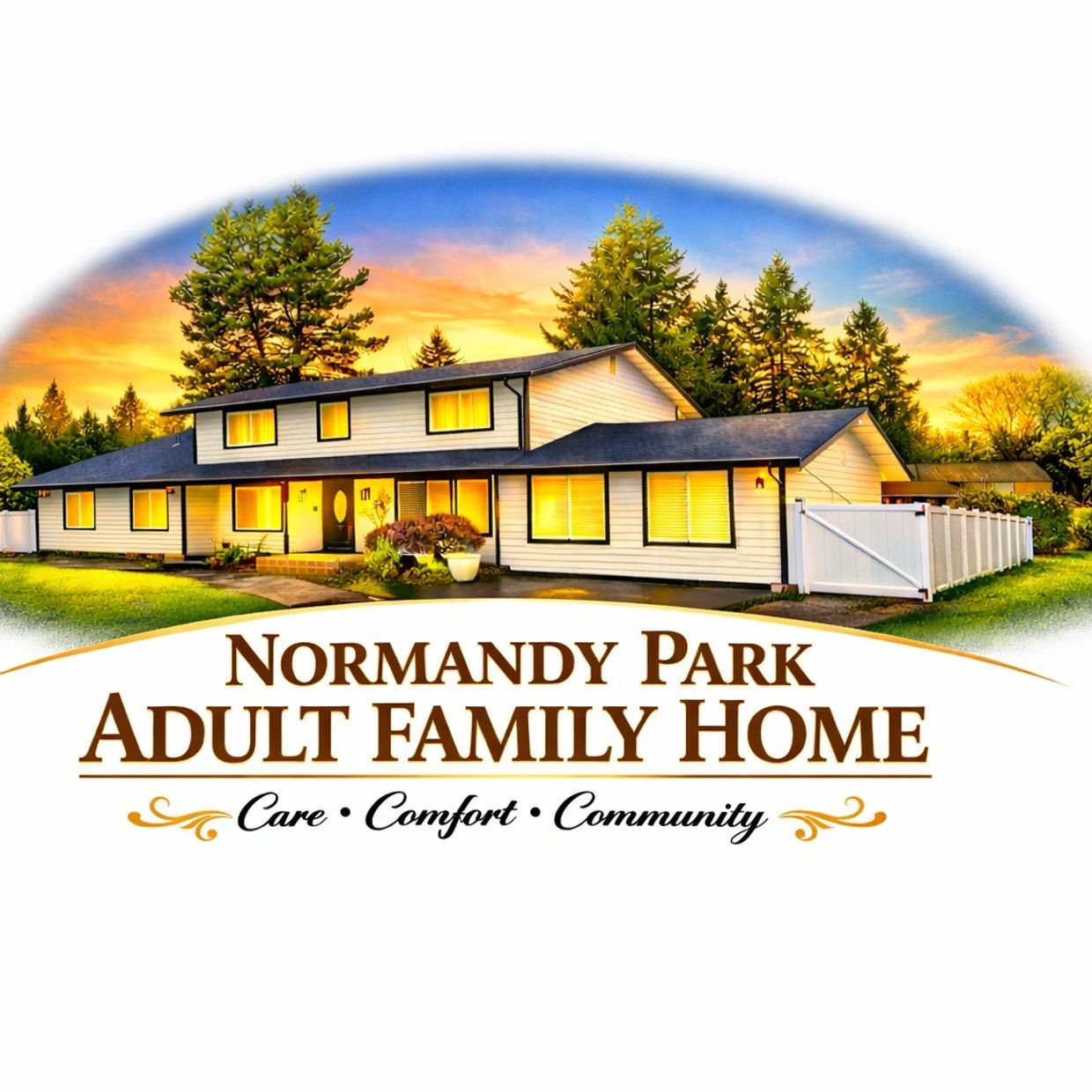 Cozy adult family home at sunset.