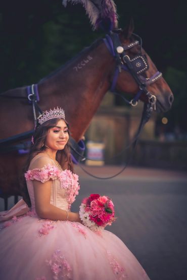 Quinceanera wearing a beautiful flower gown with horse