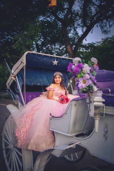 Quinceañera posing with her tiara in horse drawn carriage.