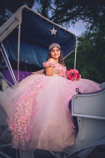 Quinceañera's portrait with a rose bouquet in horse drawn carriage in central park