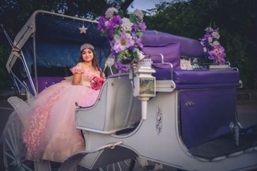 Quinceañera's portrait with a rose bouquet in horse drawn carriage in central park