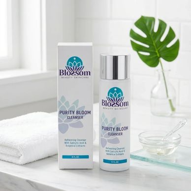 Box and Bottle of Purity Bloom Cleanser 8 Fl Oz. Trusted Skincare Product of Blossom Beauty Skincare