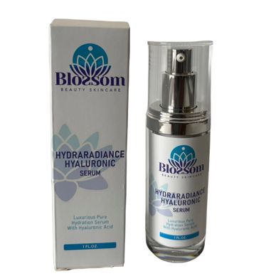 Bottle of Blossom Beauty Skincare HydraRadiance Hyaluronic Serum in Fort Lauderdale, Florida.