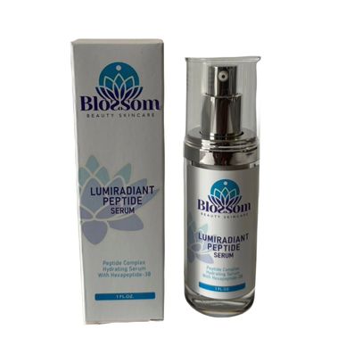 Bottle of Blossom Beauty Skincare Lumiradiant Peptide Serum in Fort Lauderdale, Florida.