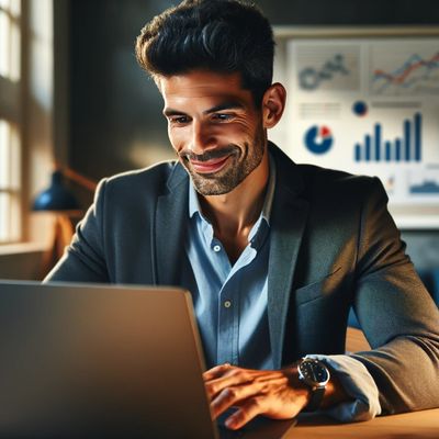 Man on laptop reviewing business performance data – AI-driven insights for business survival