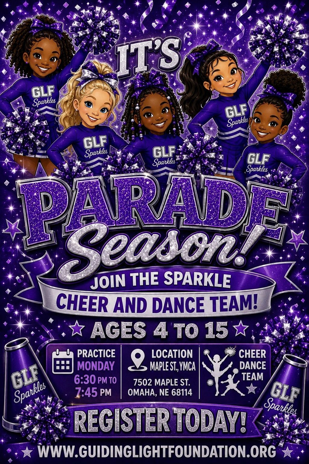 Cheer and dance team recruitment for ages 4-15 with vibrant purple theme and smiling girls.