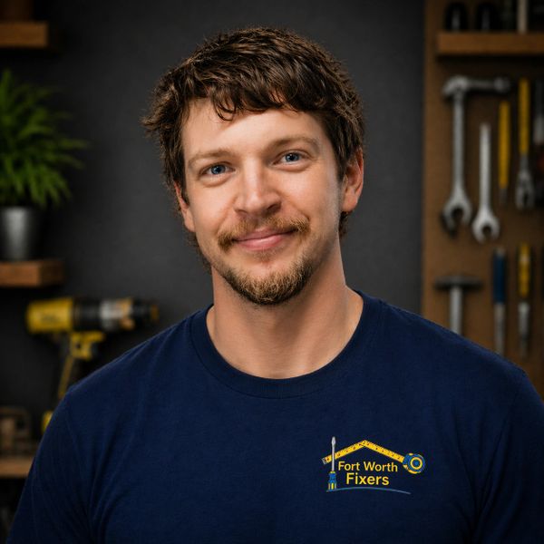 Smiling handyman in Fort Worth Fixers shirt with tools in background.