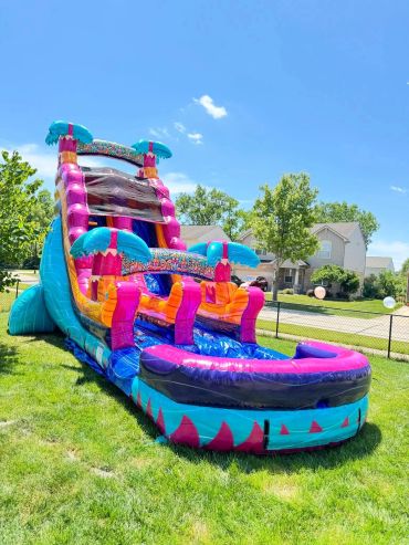 Colorful inflatable water slide set up on a sunny suburban lawn.
