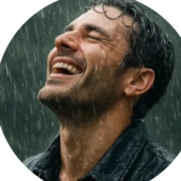 Man joyfully laughing in the rain with eyes closed.