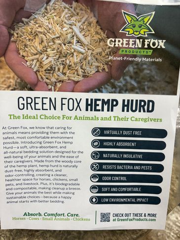 Green Fox Hemp Hurd, a natural, dust-free animal bedding material with multiple benefits.