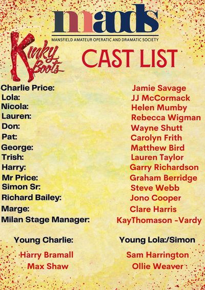 Cast list for Kinky Boots. 