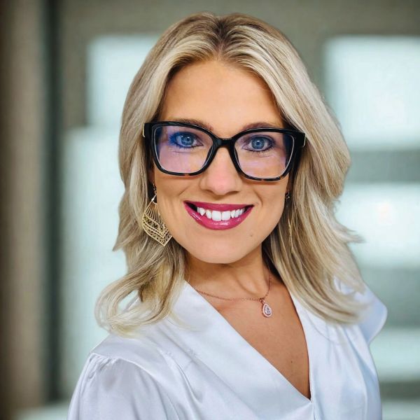 Smiling woman with blonde hair and glasses.