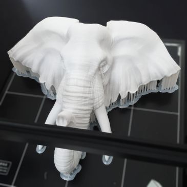 3D printed white elephant head sculpture with support structures.