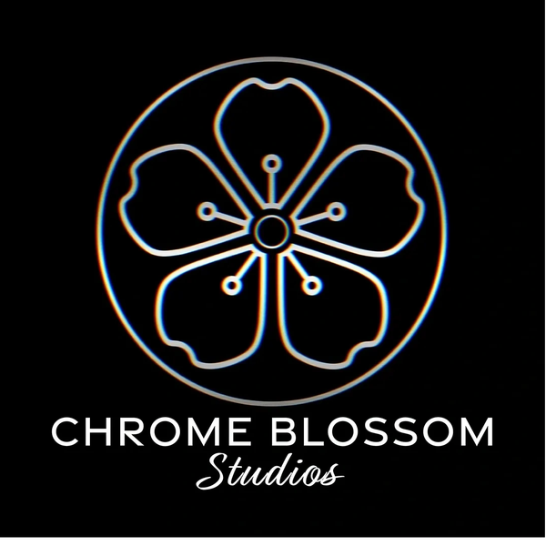 Logo of Chrome Blossom Studios with a stylized chrome flower on a black background.