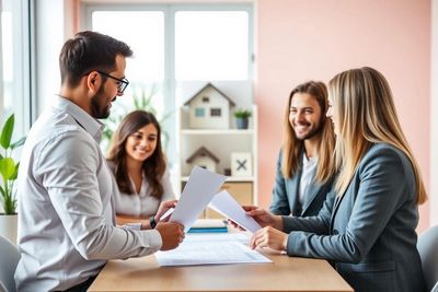 Four professionals discussing documents in a bright office setting.