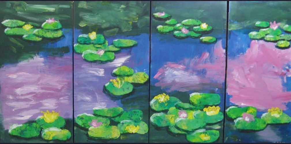 Mixed media Monet inspired mural installation created by 3-6 year olds