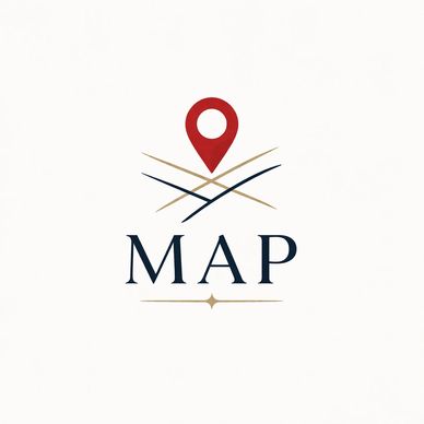 Minimalist map logo with location pin and intersecting lines.