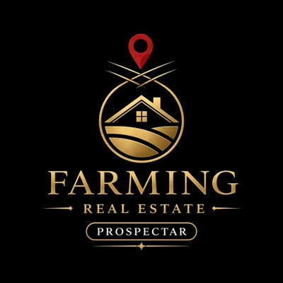 Elegant gold and red logo for Farming Real Estate with a house and location pin.